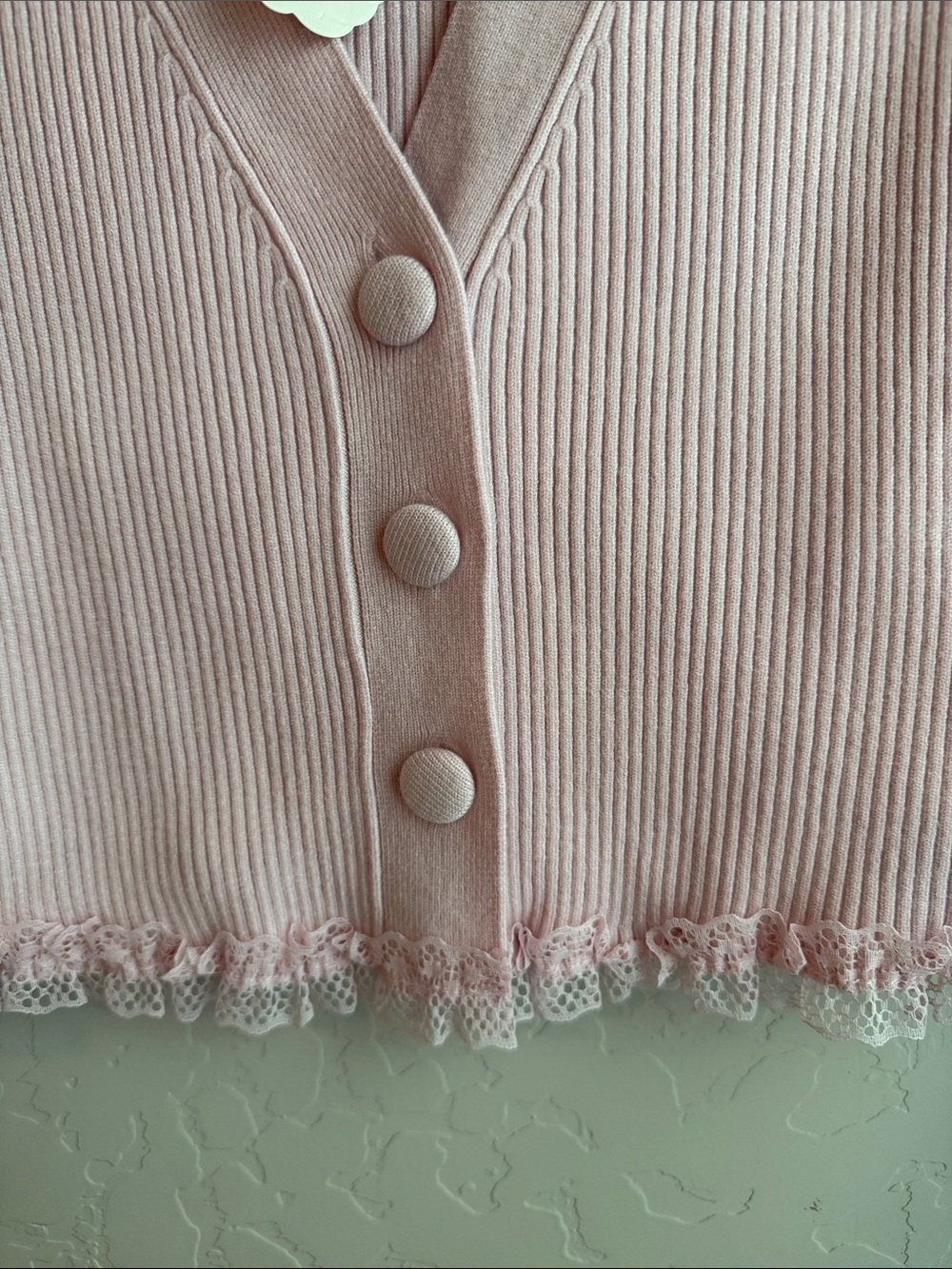 For Love & Lemons Nina Cardigan in Light Pink Ribbed Button with Lace Trim - Picture 6 of 9